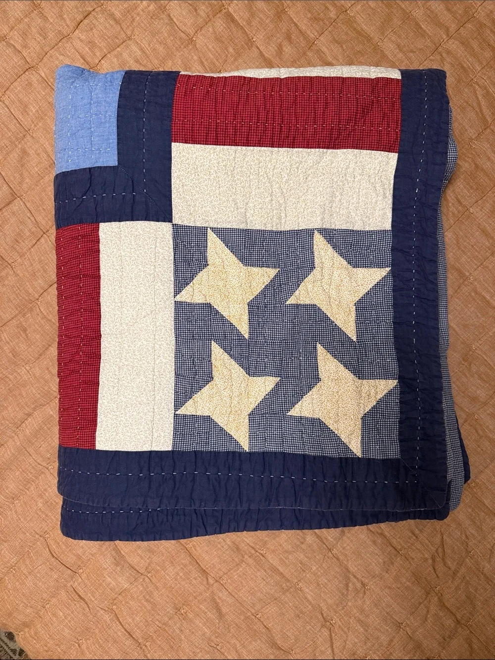 Patriotic Hand Stitched Teddy Bear Quilt in Blue & Red - Double Sided - King